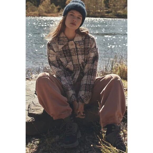 Greylin Anthropologie Fuzzy Plaid Cropped Shacket Jacket Women's M - Brown Multi - Picture 1 of 15